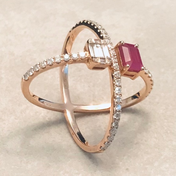 14K Rose Gold Genuine Diamond & Ruby X Ring - Picture 9 of 13